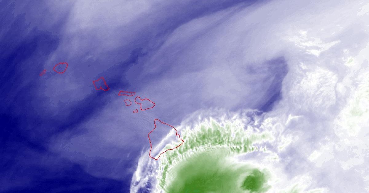 This NOAA satellite image taken Sunday, Aug. 23, 2026, shows the water vapor of Tropical Storm Moke as it advanced toward
