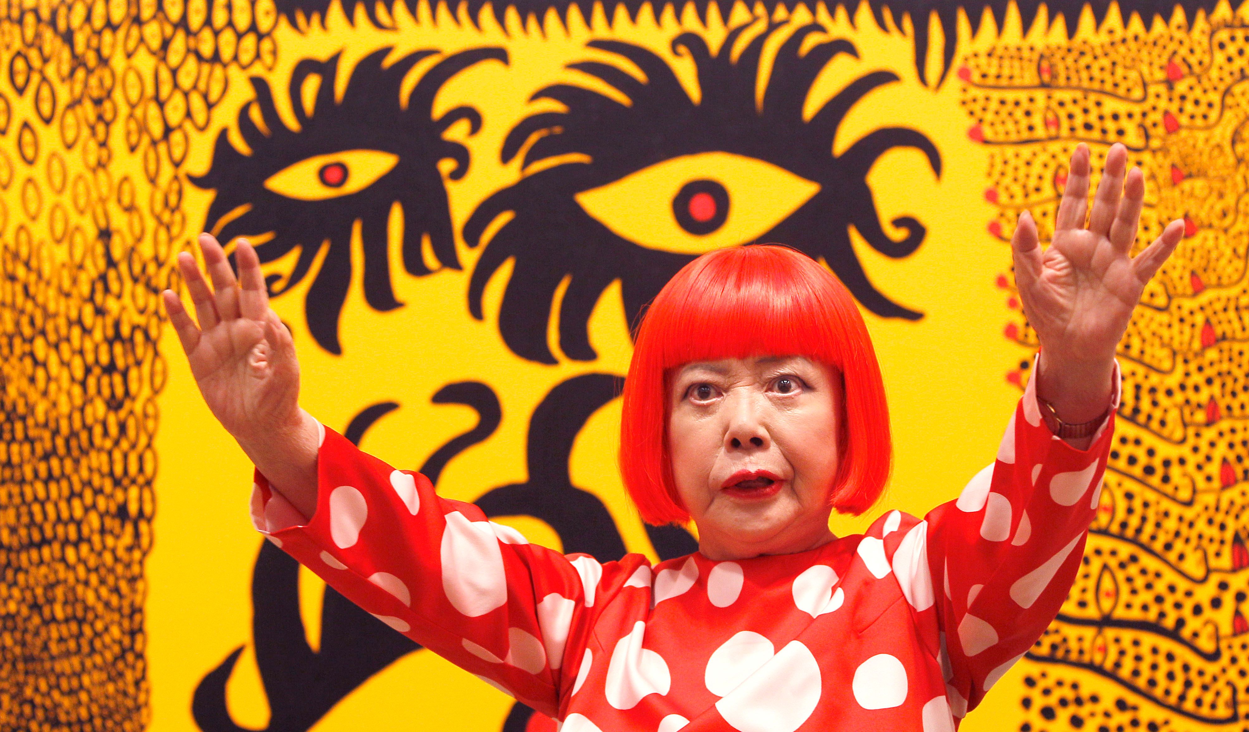 Photos show Yayoi Kusama and artwork featuring her signature polka dots