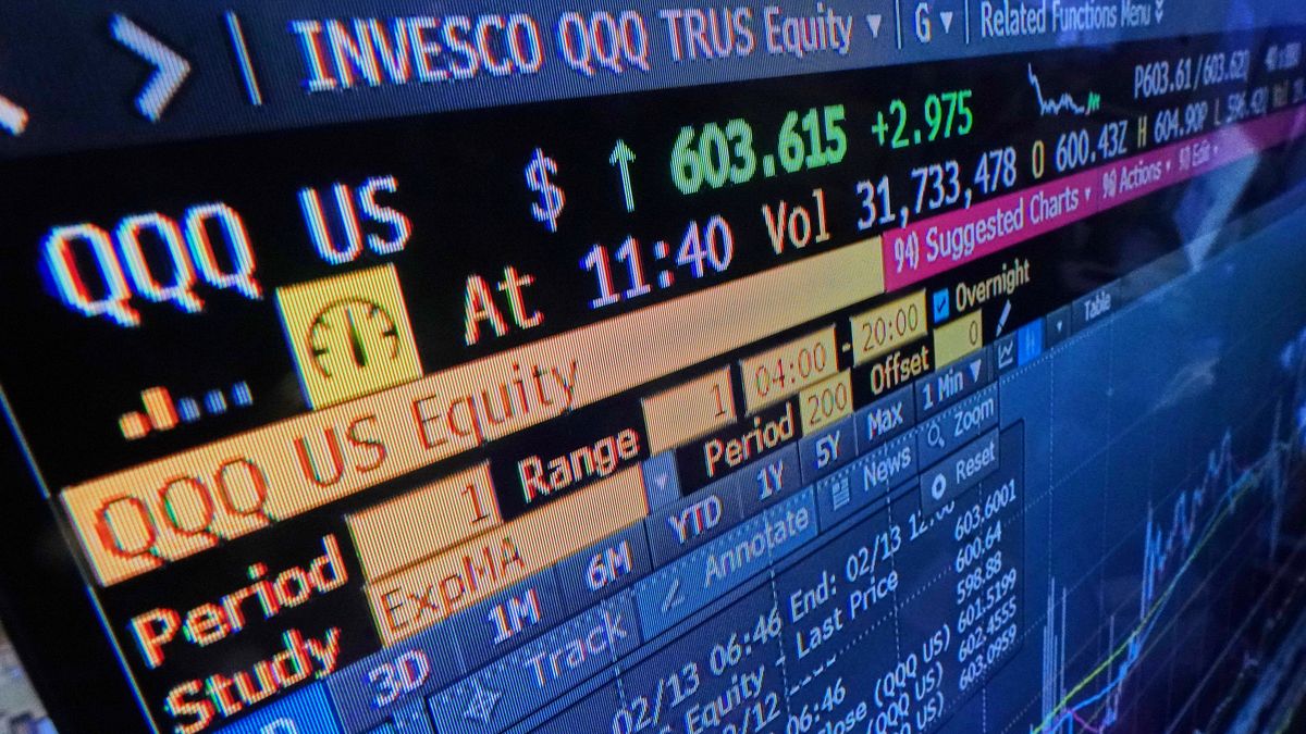 A screen on the floor of the New York Stock Exchange displays an intraday number for the QQQ, tracking the Nasdaq-100, Friday, Feb. 13, 2026. (AP Photo/Richard Drew)