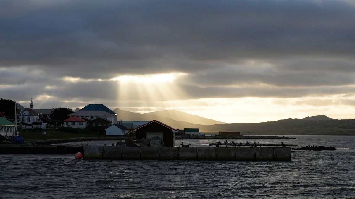 FILE - Sunlight breaks through the clouds over Stanley on the Falkland Islands, also known as Islas Malvinas, March 14, 2026. (AP Photo/Ricardo Mazalan, File)