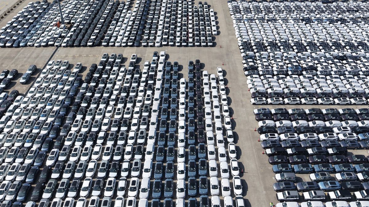 FILE -An aerial view of new cars awaiting export to oversea markets is seen at a port in Shanghai, March 10, 2026. (Chinatopix via AP, File)