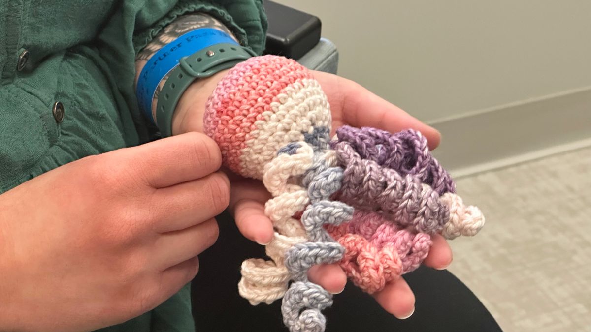 Joelle Haley holds amigurumi octopi at the Children's Hospital of Michigan Neonatal Intensive Care Unit at DMC Hutzel Women's Hospital in Detroit, Thursday, Feb. 26, 2026. (AP Photo/Corey Williams)