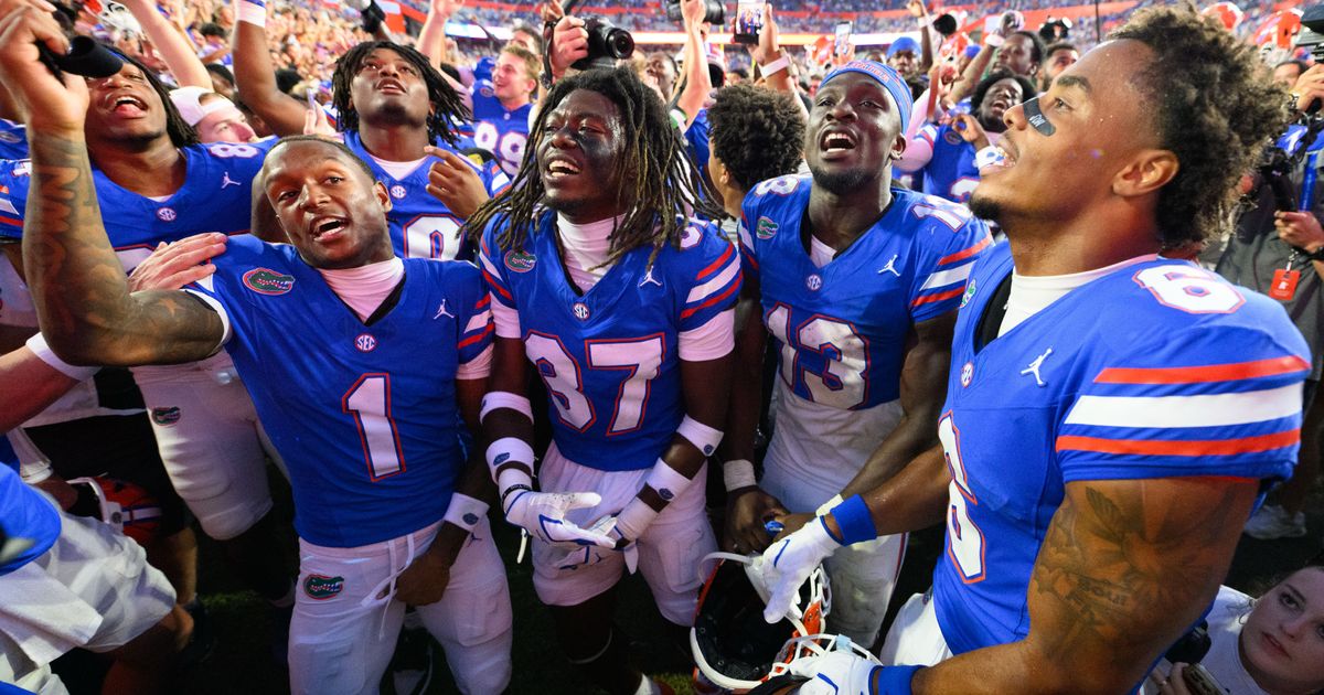 Florida wide receiver Vernell Brown III (1), cornerback Javion Toombs (37), running back Jadan Baugh (13) and wide receiver