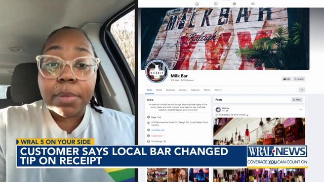 Customer says Raleigh bar changed tip on receipt