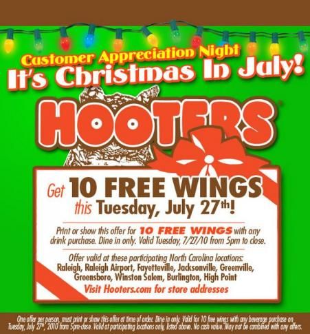 Free Wings At Hooters July 27!