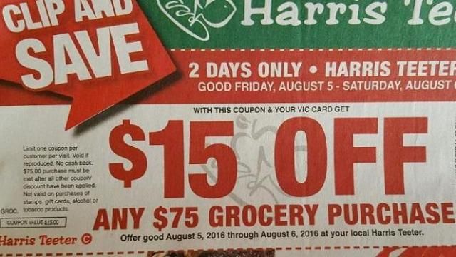 Harris Teeter $15 off $75 coupon in ad