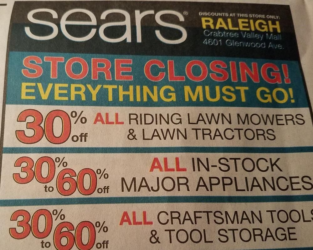 Sears at Crabtree Valley Mall store closing sale: Discounts up to 80% off