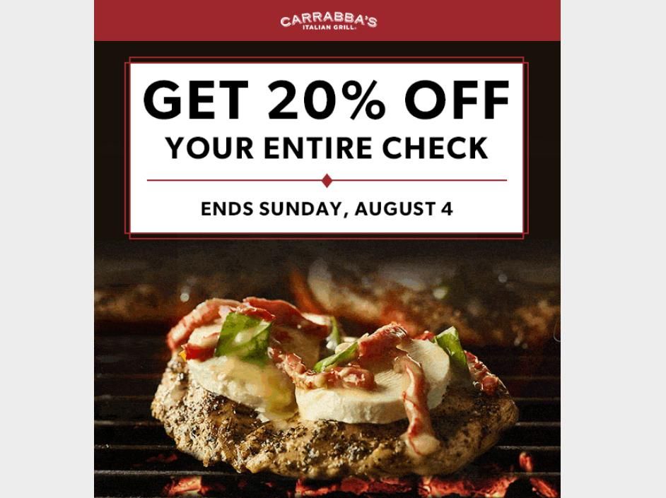 Carrabba s Italian Grill 20 off coupon through Sunday