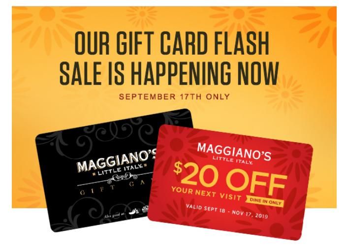 Maggiano's 20 ebonus card when you spend 75 on gift cards TODAY