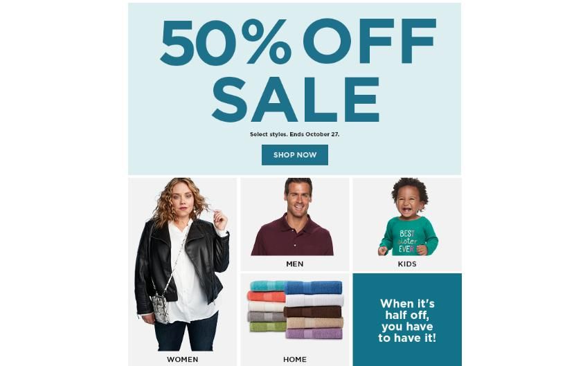 Kohl's New 50 off sale, 10 off 50 coupon, 20 off coupon, 10 Kohl