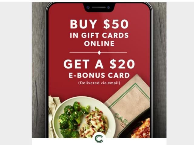 Carrabba's: $20 bonus card when you buy $50 in gift cards through 3/29