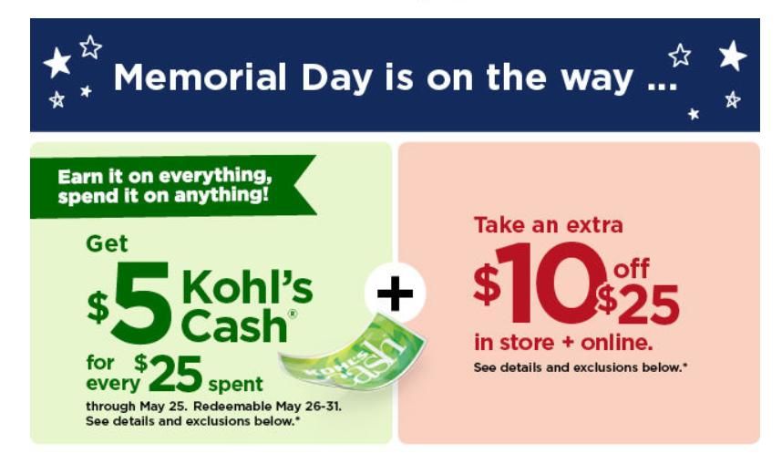 Kohl's Memorial Day Sale 10 off 25 coupon, 5 Kohl's Cash, big