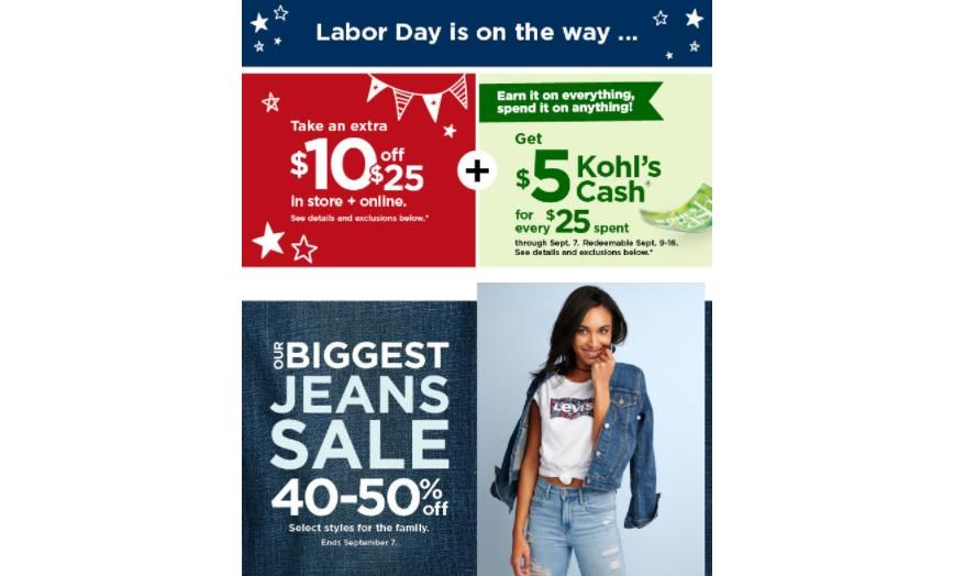 Kohl's Labor Day Sale Stackable 10 off 25 coupon + 20 off coupon