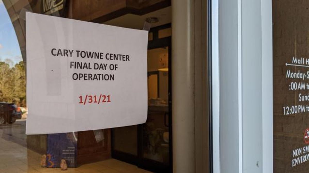 Sign on mall entrance to Cary Towne Center, Cary, NC Jan. 28, 2021