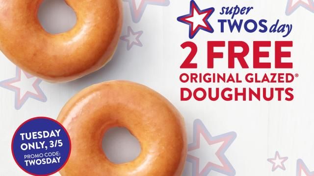 Krispy Kreme Super TWOsday offer (photo courtesy Krispy Kreme) Krispy Kreme Super TWOsday offer (photo courtesy Krispy Kreme)