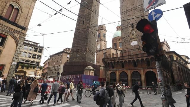 The Garisenda medieval tower is pictured in Bologna, Italy, Wednesday, Oct. 25, 2023. Bologna's Garisenda tower has been locked down for fear it could collapse. Authorities have provided a security cordon in case of collapse.The Garisenda tower along with the Asinelli(97meters)tower is one of the beauties and attractions for tourists visiting Bologna, and a landmark for citizens. (Michele Nucci, Lapresse Via AP)
