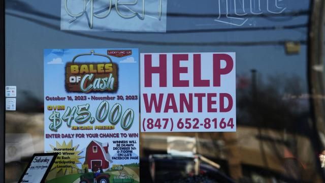 A "Help Wanted" sign is displayed at a restaurant in Buffalo Grove, Ill., Thursday, Jan. 18, 2024. On Thursday, Feb. 22, 2024, the Labor Department reports on the number of people who applied for unemployment benefits last week. (AP Photo/Nam Y. Huh) A "Help Wanted" sign is displayed at a restaurant in Buffalo Grove, Ill., Thursday, Jan. 18, 2024. On Thursday, Feb. 22, 2024, the Labor Department reports on the number of people who applied for unemployment benefits last week. (AP Photo/Nam Y. Huh)