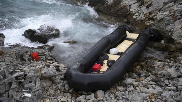 FILE - A dinghy lies on the shore after a shipwreck where two migrants were killed and eight were rescued, in Thermi, on the northeastern Aegean Sea island of Lesbos, Greece, on Wednesday, Jan. 10, 2023. The U.N. migration agency reported Wednesday that 8,565 people died on land and sea routes worldwide last year, a record high since launching its tally of the death toll a decade ago. The International Organization for Migration says the biggest increase in deaths last year came in the treacherous Mediterranean sea crossing. (AP Photo/Panagiotis Balaskas, File) FILE - A dinghy lies on the shore after a shipwreck where two migrants were killed and eight were rescued, in Thermi, on the northeastern Aegean Sea island of Lesbos, Greece, on Wednesday, Jan. 10, 2023. The U.N. migration agency reported Wednesday that 8,565 people died on land and sea routes worldwide last year, a record high since launching its tally of the death toll a decade ago. The International Organization for Migration says the biggest increase in deaths last year came in the treacherous Mediterranean sea crossing. (AP Photo/Panagiotis Balaskas, File)
