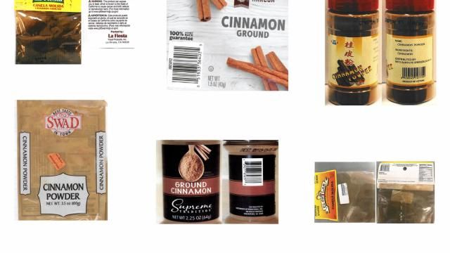 This combination of photos provided by the U.S. Food and Drug Administration on Wednesday, March 6, 2024 shows cinnamon products sold in U.S. discount stores which contain elevated levels of lead. Top row from left are distributed by La Fiesta Food Products of La Miranda, Calif.; Moran Foods, LLC of Saint Ann, Mo., and MTCI of Santa Fe Springs, Calif. Bottom row from left are from Raja Foods LLC of Skokie, Ill.; Greenbriar International, Inc. of Chesapeake, Va., and El Chilar of Apopka, Fla. (FDA via AP) This combination of photos provided by the U.S. Food and Drug Administration on Wednesday, March 6, 2024 shows cinnamon products sold in U.S. discount stores which contain elevated levels of lead. Top row from left are distributed by La Fiesta Food Products of La Miranda, Calif.; Moran Foods, LLC of Saint Ann, Mo., and MTCI of Santa Fe Springs, Calif. Bottom row from left are from Raja Foods LLC of Skokie, Ill.; Greenbriar International, Inc. of Chesapeake, Va., and El Chilar of Apopka, Fla. (FDA via AP)