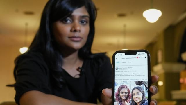 Grace Subathirai Nathan, showing a picture of her mother on her cellphone during an interview with The Associated Press in Kuala Lumpur, Malaysia, Monday, Feb. 26, 2024. Over the past decade, Grace Subathirai Nathan graduated from law school, got married, opened her law firm and had two babies. But part of her is frozen in time, still in denial over the loss of her mother on a missing Malaysia Airlines plane in 2014. (AP Photo/Vincent Thian) Grace Subathirai Nathan, showing a picture of her mother on her cellphone during an interview with The Associated Press in Kuala Lumpur, Malaysia, Monday, Feb. 26, 2024. Over the past decade, Grace Subathirai Nathan graduated from law school, got married, opened her law firm and had two babies. But part of her is frozen in time, still in denial over the loss of her mother on a missing Malaysia Airlines plane in 2014. (AP Photo/Vincent Thian)