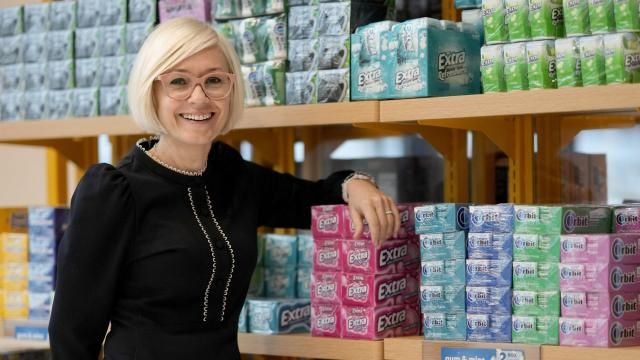 Alyona Fedorchenko, vice president for global gum and mints in the Mars Snacking division stands for a portrait at the company's employee store Tuesday, Jan. 23, 2024, in Chicago. From stress relief to concentration aid, gum makers look for ways to make Americans chew again. Mars Inc., which owns the 133-year-old Wrigley brand, thinks it may have an answer: repositioning gum as an instant stress reliever rather than an occasional breath freshener. (AP Photo/Charles Rex Arbogast) Alyona Fedorchenko, vice president for global gum and mints in the Mars Snacking division stands for a portrait at the company's employee store Tuesday, Jan. 23, 2024, in Chicago. From stress relief to concentration aid, gum makers look for ways to make Americans chew again. Mars Inc., which owns the 133-year-old Wrigley brand, thinks it may have an answer: repositioning gum as an instant stress reliever rather than an occasional breath freshener. (AP Photo/Charles Rex Arbogast)