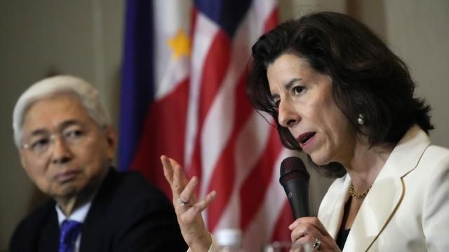 U.S. Commerce Secretary Gina Raimondo, right, talks beside Philippine Trade and Industry Secretary Alfredo Pascual during a press conference at Paranaque city, Philippines on Monday, March 11, 2024. Raimondo led a U.S. Presidential Trade and Investment Mission which aims to boost US contributions to the Philippines and to further strengthen bilateral economic ties. (AP Photo/Aaron Favila) U.S. Commerce Secretary Gina Raimondo, right, talks beside Philippine Trade and Industry Secretary Alfredo Pascual during a press conference at Paranaque city, Philippines on Monday, March 11, 2024. Raimondo led a U.S. Presidential Trade and Investment Mission which aims to boost US contributions to the Philippines and to further strengthen bilateral economic ties. (AP Photo/Aaron Favila)