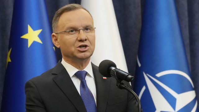 FILE - Poland's President Andrzej Duda gives a statement to the media in Warsaw, Poland, Wednesday Jan. 10, 2024, after the arrest of two politicians convicted of abuse of power who had taken refuge for hours in the presidential palace. Poland’s president is calling on other other members of the NATO alliance to raise their spending on defense to 3% of their GDP as Russia puts its economy on a war footing and pushes forward with its invasion of Ukraine. Duda made his call both in remarks in Warsaw and in a piece published by the Washington Post. (AP Photo/Czarek Sokolowski, File) FILE - Poland's President Andrzej Duda gives a statement to the media in Warsaw, Poland, Wednesday Jan. 10, 2024, after the arrest of two politicians convicted of abuse of power who had taken refuge for hours in the presidential palace. Poland’s president is calling on other other members of the NATO alliance to raise their spending on defense to 3% of their GDP as Russia puts its economy on a war footing and pushes forward with its invasion of Ukraine. Duda made his call both in remarks in Warsaw and in a piece published by the Washington Post. (AP Photo/Czarek Sokolowski, File)