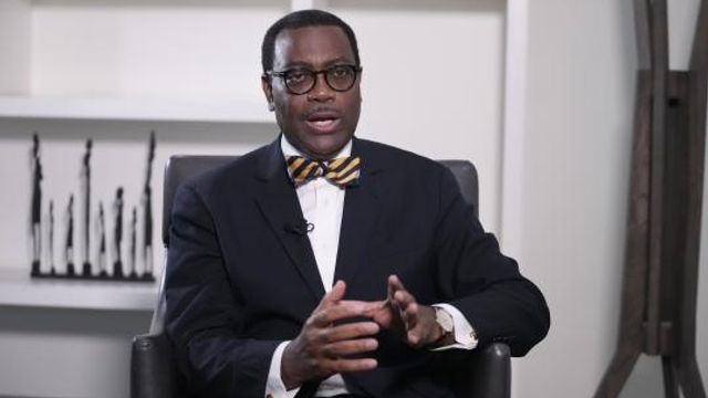 Akinwumi Adesina, President African development bank, speaks during an interview with The Associated Press in Lagos Nigeria, Tuesday , March. 5, 2024. The head of the African Development Bank is calling for an end to loans given in exchange for the continent's rich supplies of oil or critical minerals used in smartphones and electric car batteries, deals that have helped China control mineral mining in places like Congo and have left some African countries in financial crisis. (AP Photo/Sunday Alamba) Akinwumi Adesina, President African development bank, speaks during an interview with The Associated Press in Lagos Nigeria, Tuesday , March. 5, 2024. The head of the African Development Bank is calling for an end to loans given in exchange for the continent's rich supplies of oil or critical minerals used in smartphones and electric car batteries, deals that have helped China control mineral mining in places like Congo and have left some African countries in financial crisis. (AP Photo/Sunday Alamba)