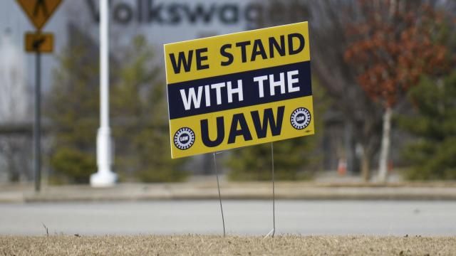 A "We stand with the UAW" sign is placed outside of the Volkswagen plant in Chattanooga, Tenn., on Dec. 18, 2023. Volkswagen’s factory in Chattanooga is likely to be the first test of the United Auto Workers’ effort to organize nonunion automobile plants across the nation. The union said workers at the factory filed paperwork Monday, March 18, 2024 with the National Labor Relations Board seeking a union representation election. (Olivia Ross/Chattanooga Times Free Press via AP, file) A "We stand with the UAW" sign is placed outside of the Volkswagen plant in Chattanooga, Tenn., on Dec. 18, 2023. Volkswagen’s factory in Chattanooga is likely to be the first test of the United Auto Workers’ effort to organize nonunion automobile plants across the nation. The union said workers at the factory filed paperwork Monday, March 18, 2024 with the National Labor Relations Board seeking a union representation election. (Olivia Ross/Chattanooga Times Free Press via AP, file)