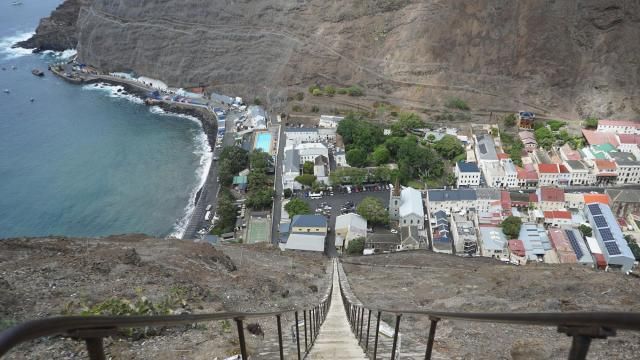 The city of Jamestown is pictured from the top of Jacob’s Ladder, a massive staircase carved into the side of a mountain on the remote island of St. Helena, Friday, Feb. 23, 2024. The 600-foot-high stairway was originally a donkey-powered cart track used to transport goods in and out of the city. (AP Photo/Nicole Evatt) The city of Jamestown is pictured from the top of Jacob’s Ladder, a massive staircase carved into the side of a mountain on the remote island of St. Helena, Friday, Feb. 23, 2024. The 600-foot-high stairway was originally a donkey-powered cart track used to transport goods in and out of the city. (AP Photo/Nicole Evatt)