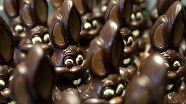 FILE - Chocolate rabbits wait to be decorated at the Cocoatree chocolate shop, April 8, 2020, in Lonzee, Belgium. Sweet Easter baskets will likely come at a bitter cost this year for consumers as the price of cocoa climbs to record highs. (AP Photo/Virginia Mayo, File) FILE - Chocolate rabbits wait to be decorated at the Cocoatree chocolate shop, April 8, 2020, in Lonzee, Belgium. Sweet Easter baskets will likely come at a bitter cost this year for consumers as the price of cocoa climbs to record highs. (AP Photo/Virginia Mayo, File)