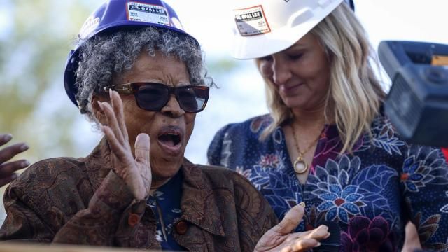 Opal Lee, left, applauds during a ceremony before aising the first wall to her new home on her family's former lot in Fort Worth, Texas on Thursday, March 21, 2024. Lee, one of the driving forces behind Juneteenth becoming a national holiday, attended a ceremony to watch as the walls are raised on new home. In 1939, a racist mob drove her family out of their home. (Amanda McCoy /Star-Telegram via AP) Opal Lee, left, applauds during a ceremony before aising the first wall to her new home on her family's former lot in Fort Worth, Texas on Thursday, March 21, 2024. Lee, one of the driving forces behind Juneteenth becoming a national holiday, attended a ceremony to watch as the walls are raised on new home. In 1939, a racist mob drove her family out of their home. (Amanda McCoy /Star-Telegram via AP)