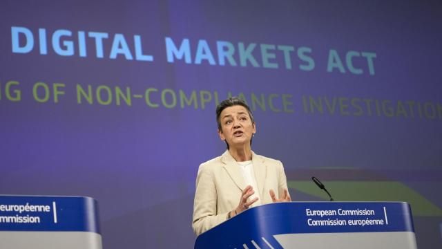 European Commissioner for Europe fit for the Digital Age, Margrethe Vestager speaks during a media conference regarding the Digital Markets Act at EU headquarters in Brussels, Monday, March 25, 2024. The European Commission on Monday opened non-compliance investigations against Alphabet, Apple and Meta under the Digital Markets Act. (AP Photo/Virginia Mayo) European Commissioner for Europe fit for the Digital Age, Margrethe Vestager speaks during a media conference regarding the Digital Markets Act at EU headquarters in Brussels, Monday, March 25, 2024. The European Commission on Monday opened non-compliance investigations against Alphabet, Apple and Meta under the Digital Markets Act. (AP Photo/Virginia Mayo)