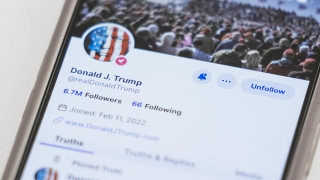 FILE - The Truth Social account for former President Donald Trump is seen on a mobile device, Wednesday, March 20, 2024, in New York. Trump Media & Technology Group, whose flagship product is social networking site Truth Social, will begin trading on the Nasdaq stock market on Tuesday, March 26, 2024. The common stock of Trump Media & Technology Group will trade under the ticker symbol “DJT.” (AP Photo/John Minchillo, File) FILE - The Truth Social account for former President Donald Trump is seen on a mobile device, Wednesday, March 20, 2024, in New York. Trump Media & Technology Group, whose flagship product is social networking site Truth Social, will begin trading on the Nasdaq stock market on Tuesday, March 26, 2024. The common stock of Trump Media & Technology Group will trade under the ticker symbol “DJT.” (AP Photo/John Minchillo, File)
