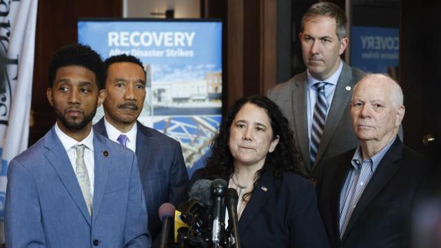 Small Business Administration administrator Isabel Guzman, surrounded by Baltimore Mayor Brandon Scott, from left, Rep. Kweisi Mfume, D-Md., Baltimore County Executive Johnny Olszewski and Sen. Ben Cardin, D-Md., speaks during a press conference at the SBA business recovery center, Thursday, April 4, 2024, in Baltimore. (AP Photo/Julia Nikhinson) Small Business Administration administrator Isabel Guzman, surrounded by Baltimore Mayor Brandon Scott, from left, Rep. Kweisi Mfume, D-Md., Baltimore County Executive Johnny Olszewski and Sen. Ben Cardin, D-Md., speaks during a press conference at the SBA business recovery center, Thursday, April 4, 2024, in Baltimore. (AP Photo/Julia Nikhinson)