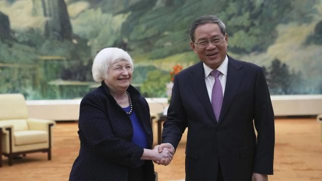 U.S. Treasury Secretary Janet Yellen, left, meets Chinese Premier Li Qiang at the Great Hall of the People in Beijing, China, Sunday, April 7, 2024. Yellen, who arrived later in Beijing after starting her five-day visit in one of China's major industrial and export hubs, said the talks would create a structure to hear each other's views and try to address American concerns about manufacturing overcapacity in China. (AP Photo/Tatan Syuflana, Pool) U.S. Treasury Secretary Janet Yellen, left, meets Chinese Premier Li Qiang at the Great Hall of the People in Beijing, China, Sunday, April 7, 2024. Yellen, who arrived later in Beijing after starting her five-day visit in one of China's major industrial and export hubs, said the talks would create a structure to hear each other's views and try to address American concerns about manufacturing overcapacity in China. (AP Photo/Tatan Syuflana, Pool)
