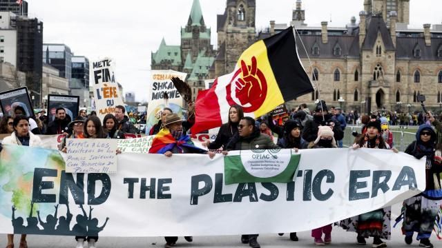 FILE - People participate in a March to End the Plastic Era on Parliament Hill in Ottawa, Ontario, on April 21, 2024. (Spencer Colby/The Canadian Press via AP, File) FILE - People participate in a March to End the Plastic Era on Parliament Hill in Ottawa, Ontario, on April 21, 2024. (Spencer Colby/The Canadian Press via AP, File)