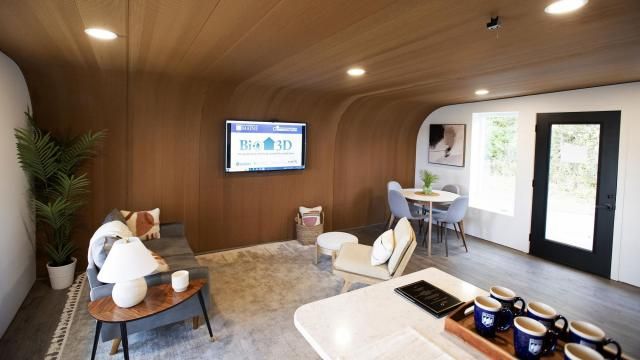 The inside of the University of Maine's first 3D printed home is visible on Oct. 12, 2023, in Orono, Maine. The printer that created the house can cut construction time and labor. An even larger printer unveiled on Tuesday, April 23, 2024, may one day create entire neighborhoods. (AP Photo/Kevin Bennett) The inside of the University of Maine's first 3D printed home is visible on Oct. 12, 2023, in Orono, Maine. The printer that created the house can cut construction time and labor. An even larger printer unveiled on Tuesday, April 23, 2024, may one day create entire neighborhoods. (AP Photo/Kevin Bennett)