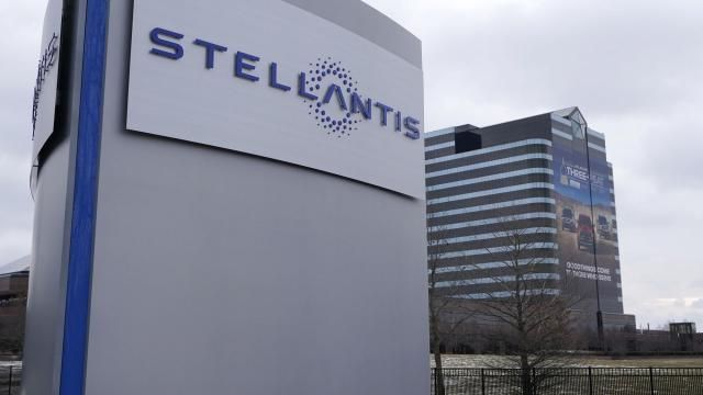 FILE - The Stellantis sign appears outside the Chrysler Technology Center, Jan. 19, 2021, in Auburn Hills, Mich. Jeep maker Stellantis is planning to lay off an unspecified number of workers at its U.S. factories in the coming months to deal with a rapidly changing global auto market, the company said Tuesday, April 23, 2024. (AP Photo/Carlos Osorio, File)