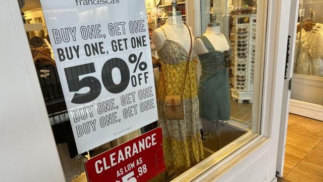 A sign trumpets discounts available in a clothing store in a mall Monday, April 29, 2024, in Lone Tree, Colo. On Wednesday, May 15, 2024, the Labor Department issues its report on inflation at the consumer level in April. (AP Photo/David Zalubowski)