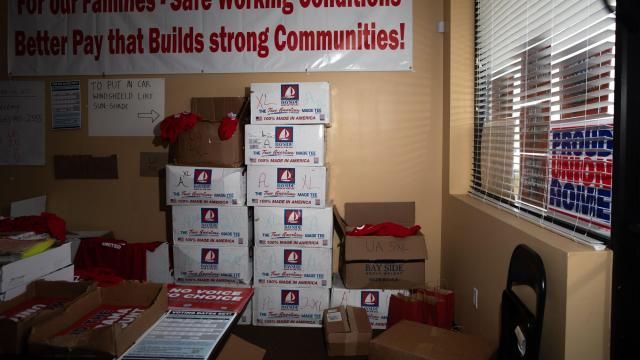 Boxes of T-shirts and other promotional materials at a United Automobile Workers office in Tuscaloosa, Ala., on May 14, 2024. After suffering a setback at two Mercedes-Benz plants in Alabama on May 17, UAW’s efforts to organize other auto factories in the South is likely to slow. (Charity Rachelle/The New York Times)