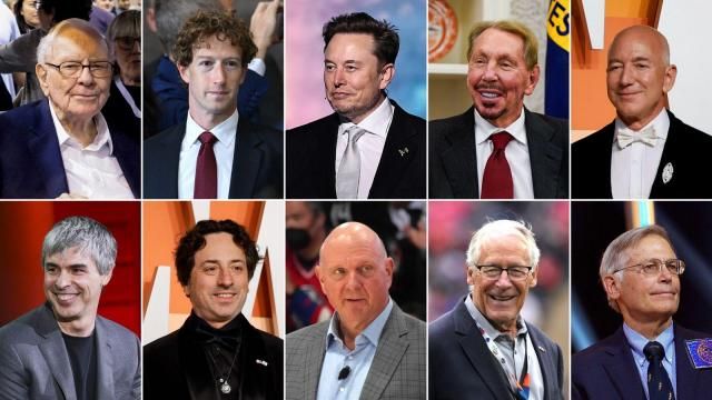 Clockwise, from top left: Warren Buffet, Mark Zuckerberg, Elon Musk, Larry Ellison, Jeff Bezos, Jim Walton, Rob Walton, Steve Ballmer, Sergey Brin, Larry Page.

Getty Images/Reuters/USA Today Sports via CNN Newsource