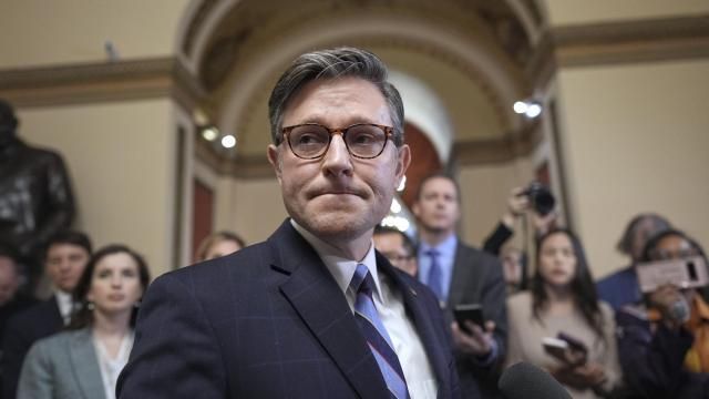 FILE - Speaker of the House Mike Johnson, R-La., talks to reporters just after House Republicans narrowly approved their budget framework, at the Capitol in Washington, April 10, 2025. (AP Photo/J. Scott Applewhite, File)