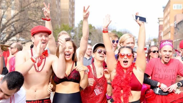 Cupid's Undie Run, a benefit to raise funds to find a cure for Neurofibromatosis, was hosted by Solas in downtown Raleigh on February 9, 2019. (Jerome Carpenter/WRAL Contributor) Cupid's Undie Run, a benefit to raise funds to find a cure for Neurofibromatosis, was hosted by Solas in downtown Raleigh on February 9, 2019. (Jerome Carpenter/WRAL Contributor)