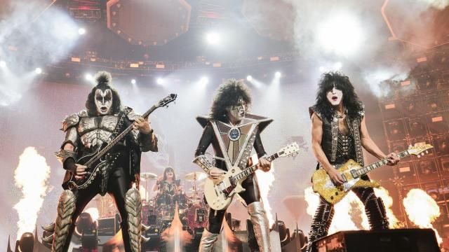 Gene Simmons, left, Tommy Thayer and Paul Stanley of KISS perform during the final night of the "Kiss Farewell Tour" on Saturday, Dec. 2, 2023, at Madison Square Garden in New York. (Photo by Evan Agostini/Invision/AP)