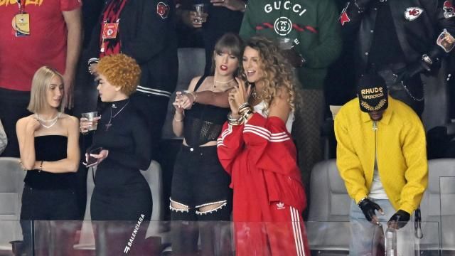 Ashley Avignone, from left, Ice Spice, Taylor Swift and Blake Lively talk before the NFL Super Bowl 58 football game between the San Francisco 49ers and the Kansas City Chiefs on Sunday, Feb. 11, 2024, in Las Vegas. (AP Photo/David Becker) Ashley Avignone, from left, Ice Spice, Taylor Swift and Blake Lively talk before the NFL Super Bowl 58 football game between the San Francisco 49ers and the Kansas City Chiefs on Sunday, Feb. 11, 2024, in Las Vegas. (AP Photo/David Becker)