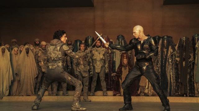 This image released by Warner Bros. Pictures shows Timothee Chalamet, foreground left, and Austin Butler in a scene from "Dune: Part Two." (Warner Bros. Pictures via AP) This image released by Warner Bros. Pictures shows Timothee Chalamet, foreground left, and Austin Butler in a scene from "Dune: Part Two." (Warner Bros. Pictures via AP)