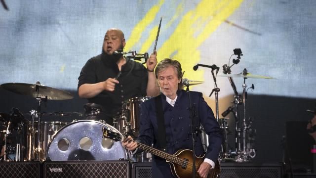 FILE - Paul McCartney performs during his "Got Back" tour on June 16, 2022, at MetLife Stadium in East Rutherford, N.J. A bass stolen from Paul McCartney more than 50 years ago has been found and returned to the Beatle. A woman living on England's south coast came forward after word spread last year about the search for the missing 1961 violin-shaped Hofner bass. McCartney's website said Thursday that the instrument was authenticated by the manufacturer and the musician is incredibly grateful to those who helped find it. (Photo by Christopher Smith/Invision/AP, File) FILE - Paul McCartney performs during his "Got Back" tour on June 16, 2022, at MetLife Stadium in East Rutherford, N.J. A bass stolen from Paul McCartney more than 50 years ago has been found and returned to the Beatle. A woman living on England's south coast came forward after word spread last year about the search for the missing 1961 violin-shaped Hofner bass. McCartney's website said Thursday that the instrument was authenticated by the manufacturer and the musician is incredibly grateful to those who helped find it. (Photo by Christopher Smith/Invision/AP, File)
