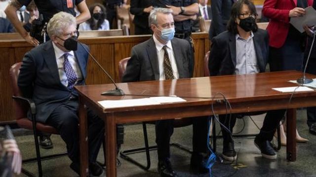 FILE - From left, Glenn Horowitz, Craig Inciardi and Edward Kosinski appear in criminal court after being indicted for conspiracy involving handwritten notes from the famous Eagles album "Hotel California," July 12, 2022, in New York. On Wednesday, Feb. 21, 2024, an unusual criminal trial is set to open over the handwritten lyrics. (AP Photo/John Minchillo, File) FILE - From left, Glenn Horowitz, Craig Inciardi and Edward Kosinski appear in criminal court after being indicted for conspiracy involving handwritten notes from the famous Eagles album "Hotel California," July 12, 2022, in New York. On Wednesday, Feb. 21, 2024, an unusual criminal trial is set to open over the handwritten lyrics. (AP Photo/John Minchillo, File)