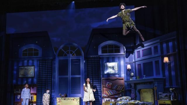 This image released by Bond Theatrical shows Nolan Almeida as Peter Pan, top right, and, from left, Micah Turner Lee as John, Reed Epley as Michael and Hawa Kamara as Wendy, during a performance of an inclusive stage production of “Peter Pan.” The touring production kicks off in Maryland on Feb. 21 and travels to North Carolina, Ohio, Illinois, Washington, D.C., South Carolina, Florida, Arizona, Nevada, California, Missouri, Texas and Georgia. (Matthew Murphy/Bond Theatrical via AP) This image released by Bond Theatrical shows Nolan Almeida as Peter Pan, top right, and, from left, Micah Turner Lee as John, Reed Epley as Michael and Hawa Kamara as Wendy, during a performance of an inclusive stage production of “Peter Pan.” The touring production kicks off in Maryland on Feb. 21 and travels to North Carolina, Ohio, Illinois, Washington, D.C., South Carolina, Florida, Arizona, Nevada, California, Missouri, Texas and Georgia. (Matthew Murphy/Bond Theatrical via AP)
